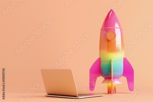Rainbow color rocket taking off from a laptop, startup and business concept.
