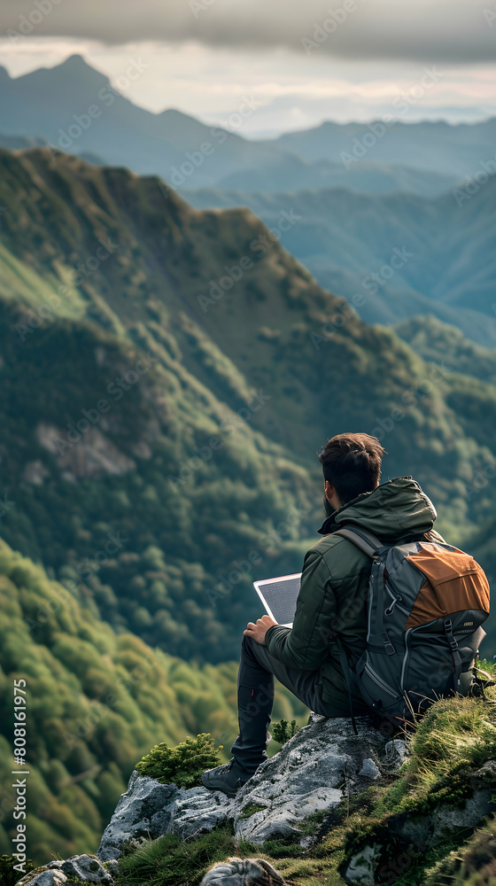 As a hiker uses a laptop at a mountain summit to record geographical data surrounded by expansive green views, creating an ultra realistic concept of technology in nature.