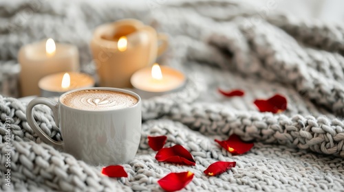   A cup of coffee atop a blanketed table, its surface adorned with rose-petal-covered fabric, beside two lit votive candles photo