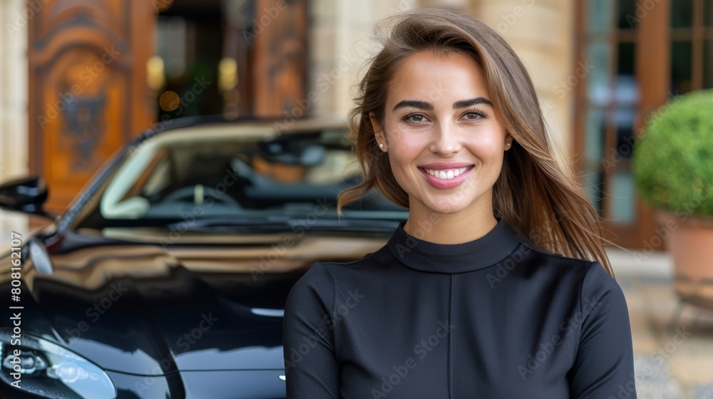 Fototapeta premium A woman poses before a black sports car, situated in front of a building A potted plant adorns the building's facade