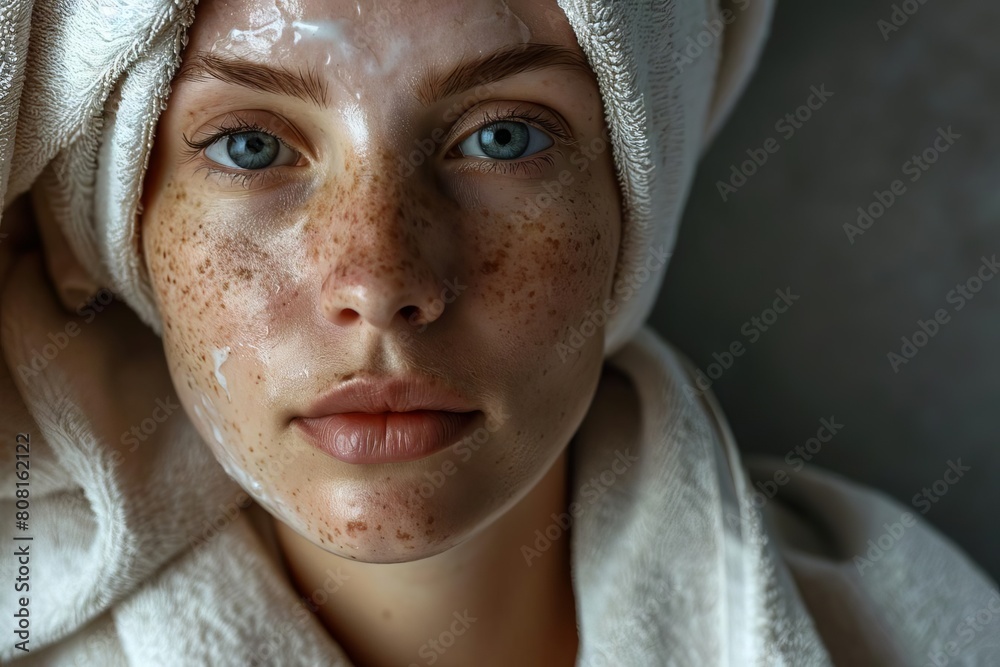 closeup portrait of freckled woman head wrap and bathrobe clear hydrating facial mask beauty photography closeup portrait of freckled woman head wrap and bathrobe clear hydrating facial mask beauty photography