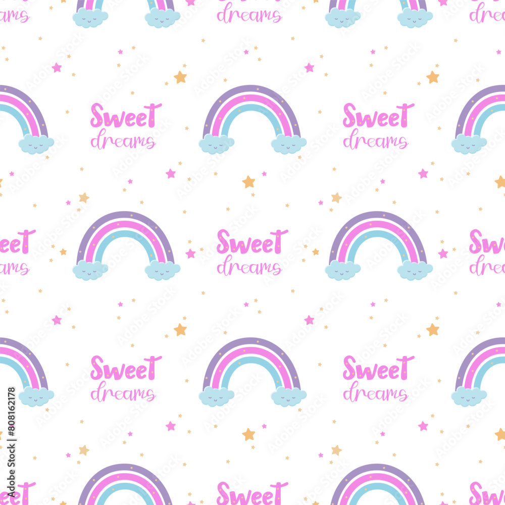 Fototapeta premium Seamless pattern with rainbow and sweet dreams phrase. Cute print for baby bedding and pajamas. Vector illustration isolated on white background.