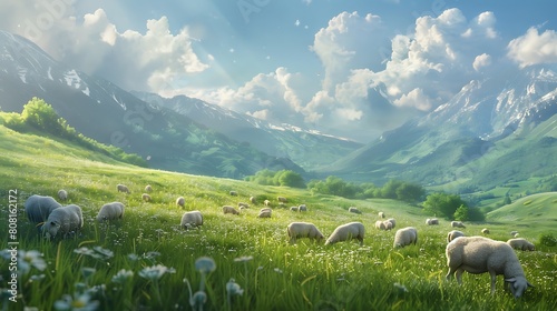 A bucolic vista of lambs grazing contentedly in a meadow fringed by rolling hills photo