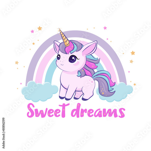 Cute pink unicorn with rainbow and sweet dreams phrase. Vector illustration isolated on white background.