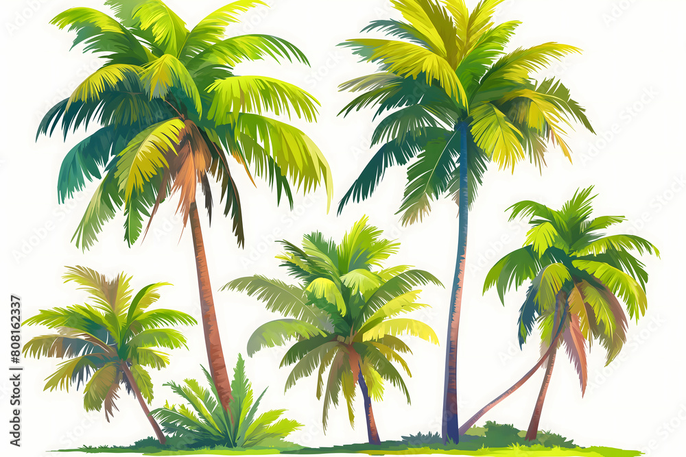Coconut palm trees on the white background. Vector illustration.