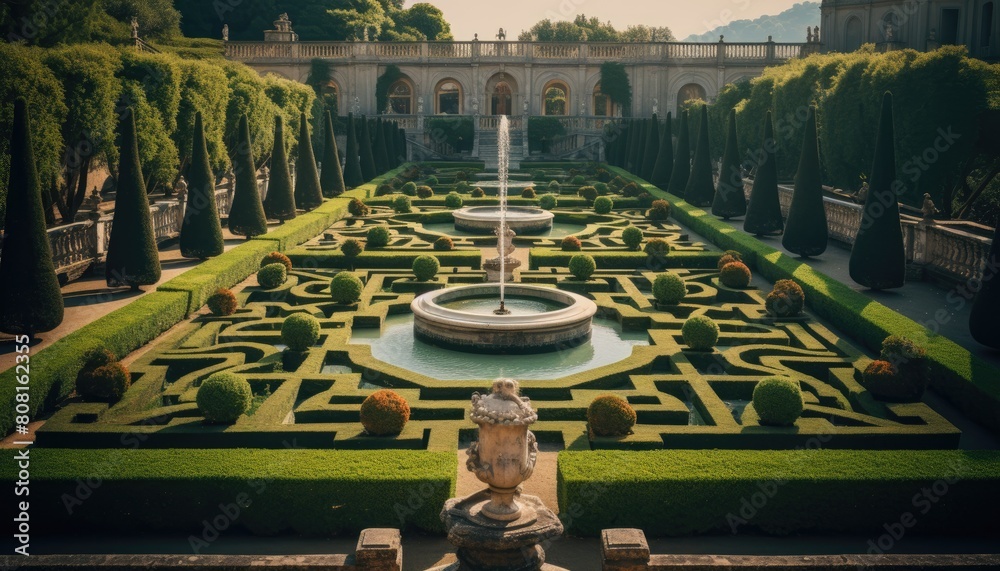 A garden featuring a fountain as its centerpiece surrounded by neatly trimmed hedges and geometric shapes