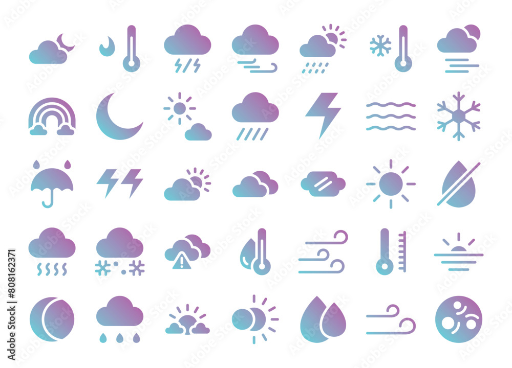 Weather flat gradient icons set. The collection includes in business, UI UX, social media and website.
Weather flat gradient icons set. The collection includes in business, UI UX, social media and website.
