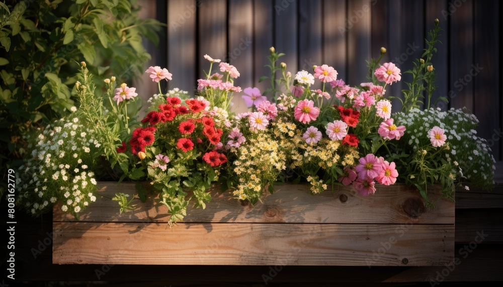 Fototapeta premium Wooden box overflowing with vibrant seasonal blooms in assorted colors