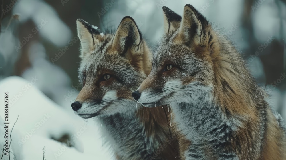   A few foxes standing side by side atop a snow-covered ground before a forest