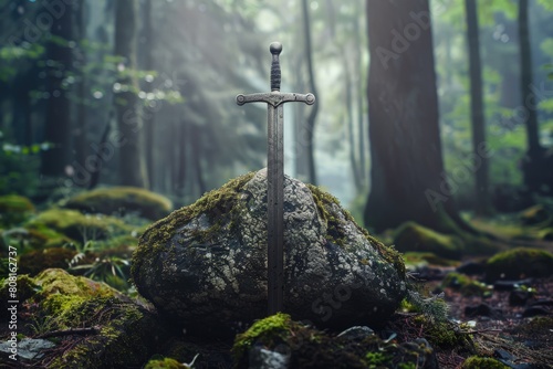 Sword stuck in stone in a dark forest  fantasy and history concept.