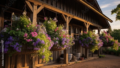 A row of hanging baskets filled with vibrant flowers  possibly petunias  hanging from the eaves of a rustic barn