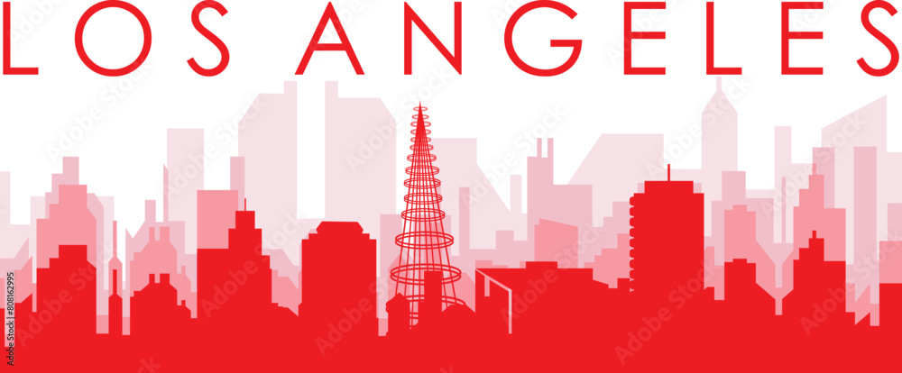 Red panoramic city skyline poster with reddish misty transparent background buildings of LOS ANGELES, UNITED STATES Red panoramic city skyline poster with reddish misty transparent background buildings of LOS ANGELES, UNITED STATES