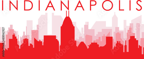Red panoramic city skyline poster with reddish misty transparent background buildings of INDIANAPOLIS  UNITED STATES