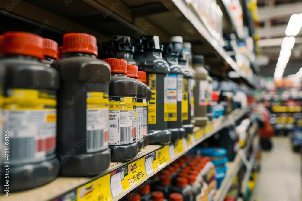 A store shelf packed with various brands and sizes of motor oil bottles, neatly arranged in rows for easy access