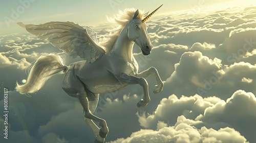 A majestic unicorn with white fur and a golden horn flies through the clouds. photo