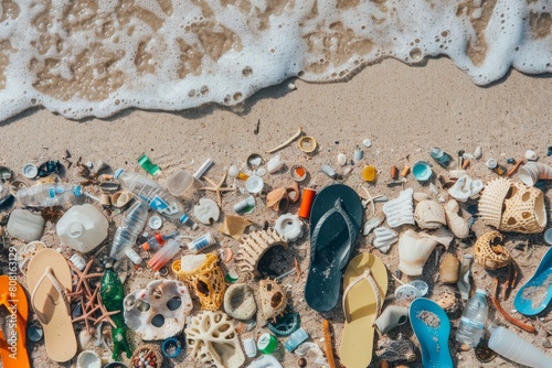 Multiple shoes laying on the sandy beach, creating a scene of ocean waste accumulation