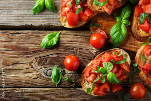 A wooden table displaying slices of bread topped with vibrant tomatoes and fragrant basil leaves