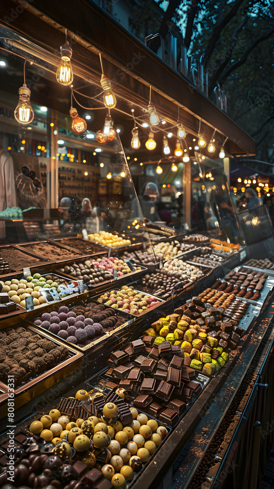 Vibrant Night Market: Exotic Chocolate Varieties Drawing in Enthusiastic Customers