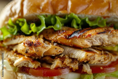 Closeup of a deluxe chicken sandwich with fresh lettuce and tomatoes, showcasing the juicy chicken and crisp vegetables