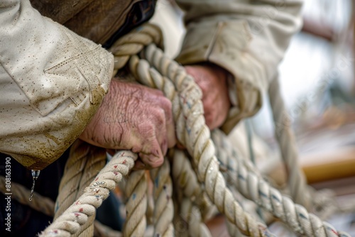 Close-up view of a person skillfully holding and adjusting a rope