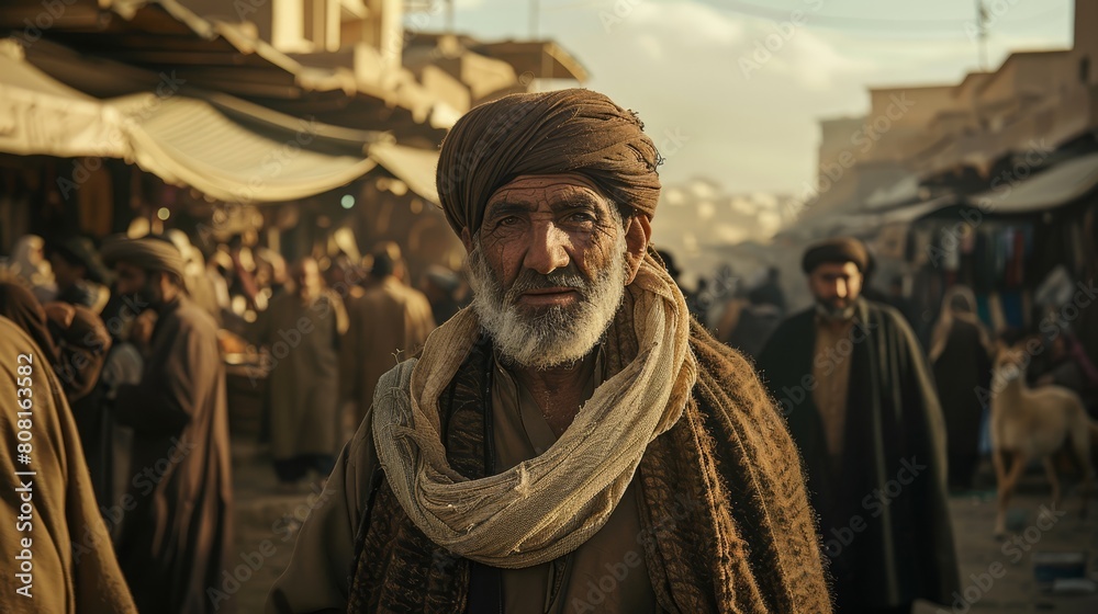 A man in a turban confronts an old-fashioned marketplace crowd A man in a turban confronts an old-fashioned marketplace crowd
