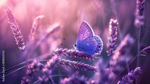 Blue butterfly on tall fluffy violet grass in nature with soft atmospheric lighting close up macro. photo