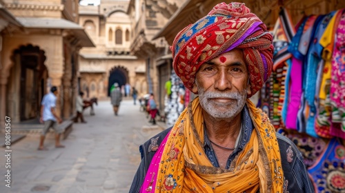   A man in a red turban and yellow scarf stands before a city street store photo