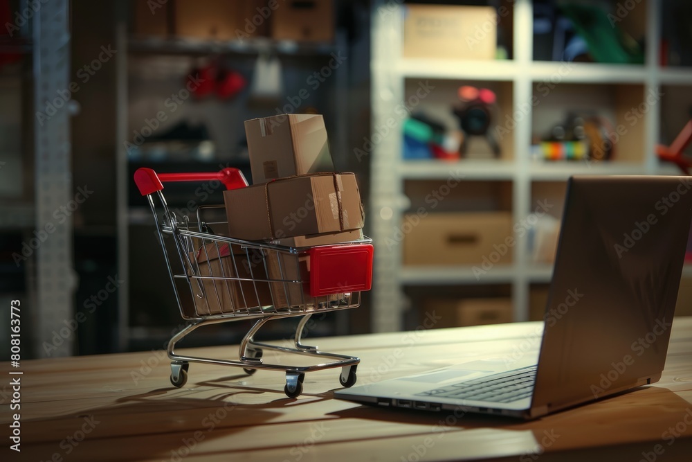Shopping cart with cardboard box next to laptop on wooden table, online shopping concept, online store.