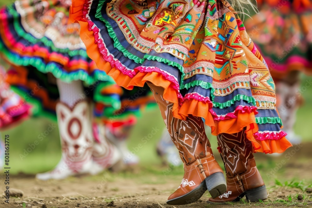 A group of women wearing vibrant dresses and cowboy boots are gathered together, showcasing their colorful attire and detailed footwear