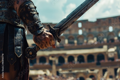 Hand of a gladiator holding a sword, coliseum in the background.