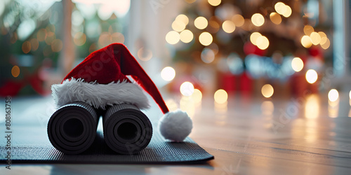 Festive Christmas yoga mat with Santa hat, perfect for holiday workouts and spreading cheer.