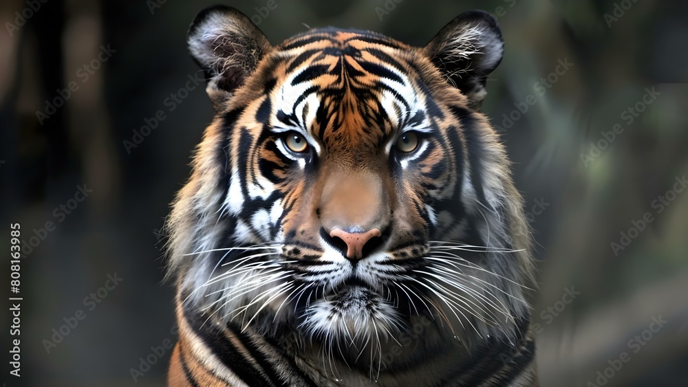 Fototapeta premium Majestic Sumatran Tiger Captured in Closeup Jungle Portrait. Concept Wildlife Photography, Endangered Species, Close-up Shot, Majestic Animals, Jungle Environment