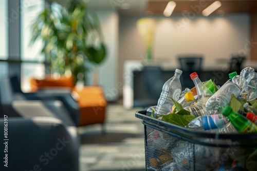 Close-up view of a recycling container in a corporate office filled to the brim with plastic bottles awaiting disposal © Ilia Nesolenyi