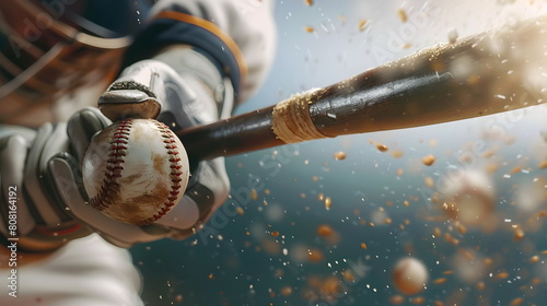 Closeup of a baseball being hit with the bat photo