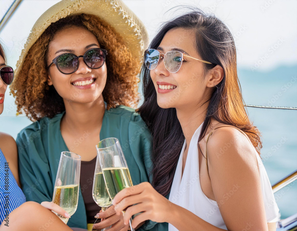 Group of friends young women having fun together vacation drinking champagne in sail boat in the sea Group of friends young women having fun together vacation drinking champagne in sail boat in the sea