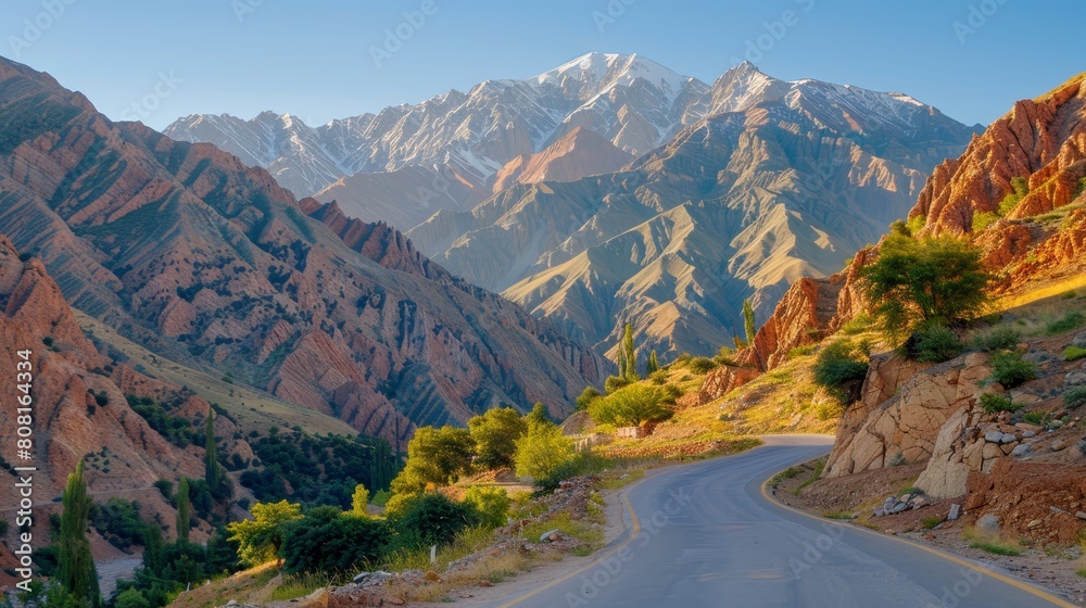 A mountain range backs a road with trees lining its sides in the foreground A mountain range backs a road with trees lining its sides in the foreground