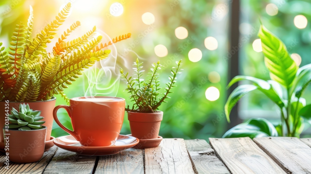 A wooden table holds two cups and saucers, each bearing a potted plant A wooden table holds two cups and saucers, each bearing a potted plant