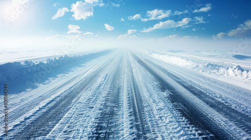   A snow-covered road, set against a vast expanse of pristine snow, is framed by a bright blue sky © Mikus