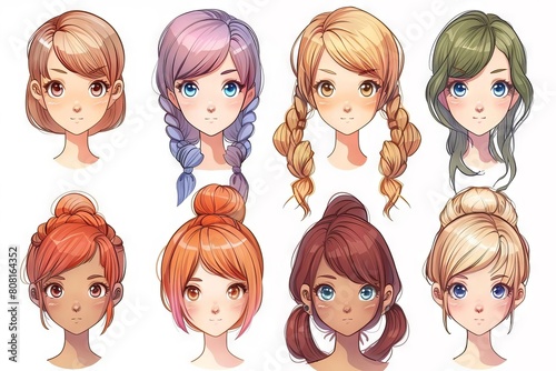 diverse set of cute anime girl hairstyles showcasing various styles and colors digital illustration
