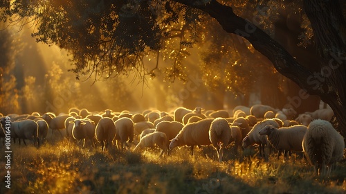 Dew-kissed grass shimmers in the morning light, enveloping a flock of sheep in a serene setting before their sacred journey on Kurban Bayrami