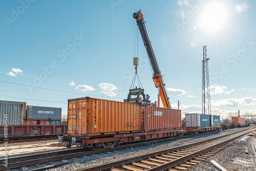 A crane is lifting cargo, a shipping container, onto a freight train track in a commercial setting