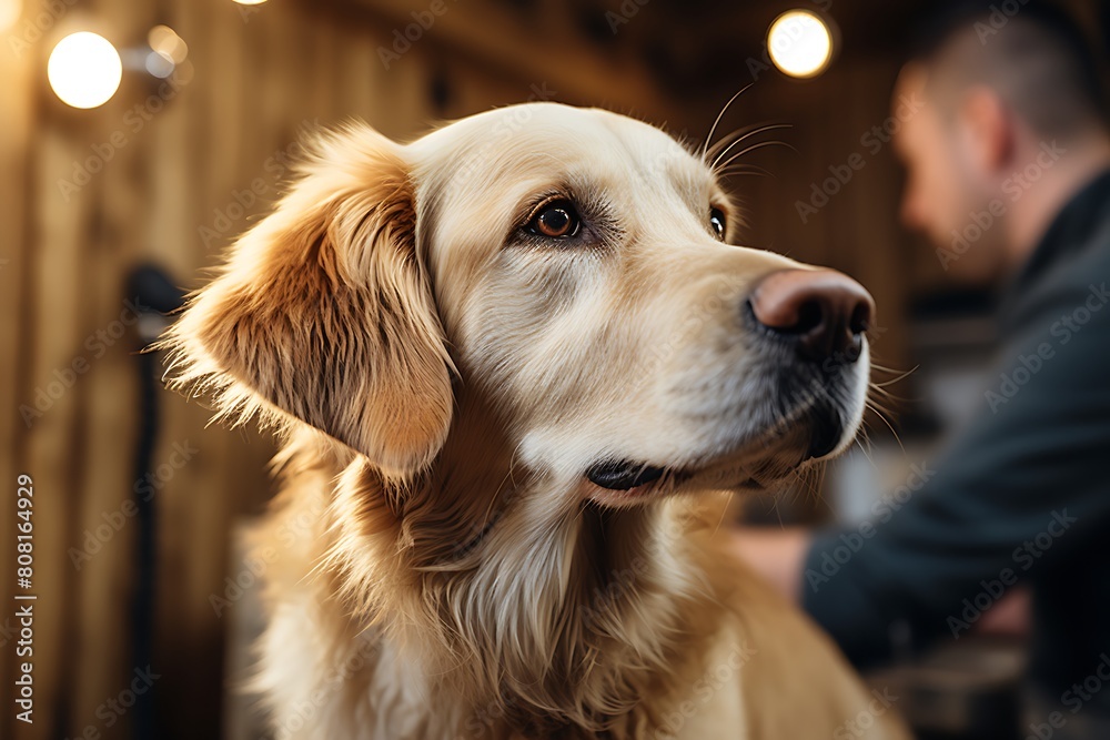 Portrait of golden retriever dog with owner in background, closeup Portrait of golden retriever dog with owner in background, closeup