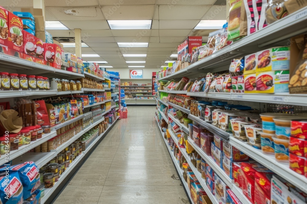 A grocery store aisle packed with various food items neatly arranged on shelves under bright lighting