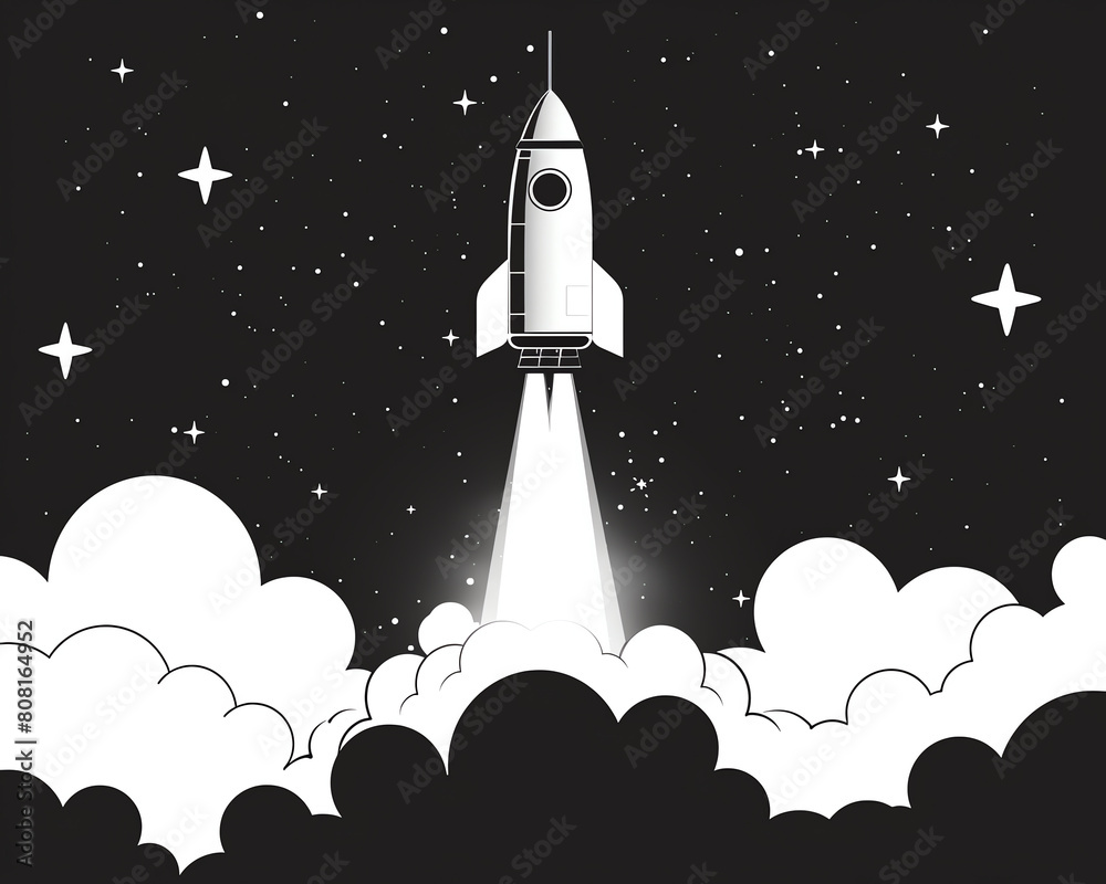 Naklejka premium The illustration shows a rocket launching into space. The rocket is white with a red nose cone. It is surrounded by clouds. The background is black with stars.