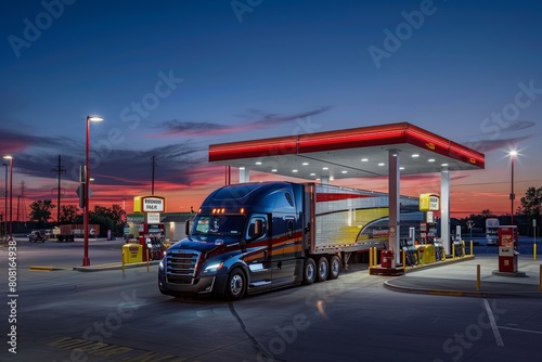 A brightly colored semi-truck parked at a busy gas station, showcasing its detailed design and commercial purpose photo