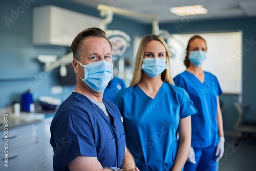 Male dentist and two female dental assistants in scrubs and face masks standing in a room