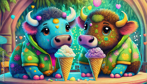 oil painting style cartoon character baby bison eating ice cream in cone at cafe,