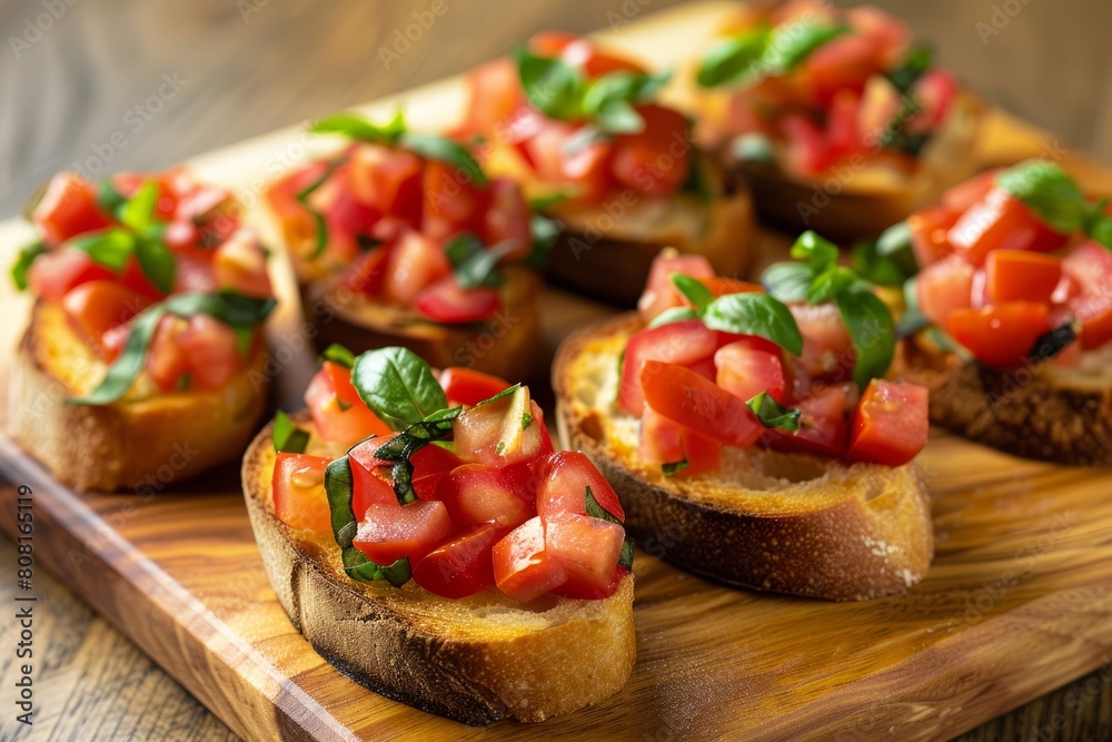 A wooden cutting board topped with slices of bread covered in tomatoes, creating delicious tomato bruschetta