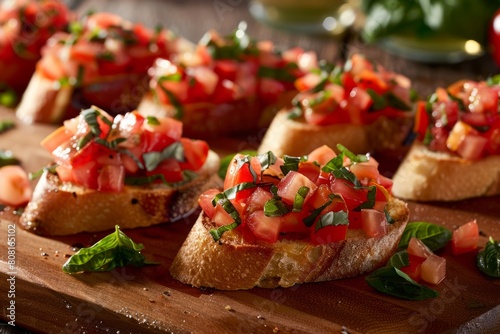 A wooden cutting board topped with slices of bread covered in toppings like ripe tomatoes and basil