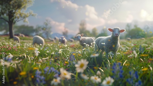 The gentle breeze carries the scent of wildflowers as lambs roam the tranquil meadow